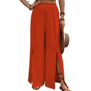 Women's high waist wide leg red trousers with side slits for summer leisure wear