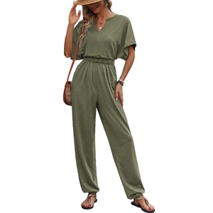 Olive green women's summer casual jumpsuit with V-neck, elastic waist, and joggers style