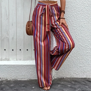 Bohemian floral wide leg trousers with high waist and ethnic geometric pattern print