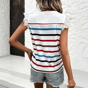 Women's summer striped T-shirt with white lace patchwork flutter sleeves on back view