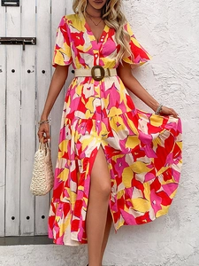 Robe Midi à Étages à Imprimé Floral Col en V pour Femmes Boutonnage Simple Manches Volantées Robe de Plage Style Bohème