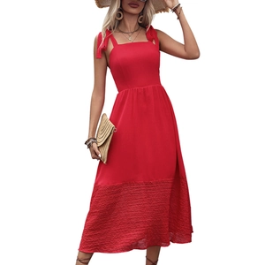 Elegant red sleeveless midi dress with shoulder ties and pleated hem for summer wear