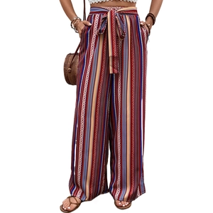 Women's high waist wide leg pants with ethnic vertical stripes and elastic waistband
