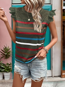 Detail of multi-color striped top featuring delicate eyelet ruffle lace sleeves