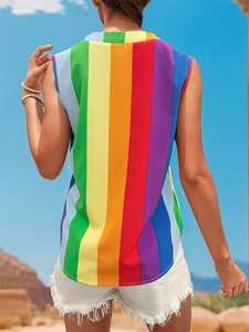Back view of a sleeveless summer blouse with vibrant vertical rainbow stripes and curved hem