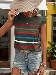 Detail of dark green striped summer top featuring lace flutter sleeves and round neck