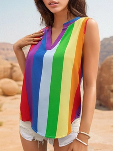 Detail of V-neck sleeveless top with vibrant vertical rainbow stripes for summer