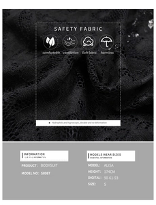 Vue macro détaillée de la dentelle florale noire et spécifications du tissu du body S8987