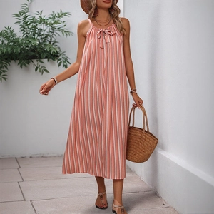 Robe Licou à Rayures pour Femmes Sans Manches Ample Robe Midi Trapèze Rose Blanc Rayures Verticales Style de Vacances