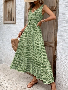 Women's sleeveless V-neck maxi dress with green and white geometric print and ruffle hem