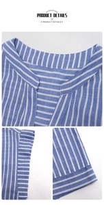 Détails des rayures verticales bleues, du col en V et de la texture du tissu de coton
