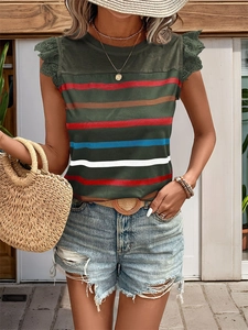 Close-up of sleeveless striped top with ruffle lace cap sleeves and round neckline
