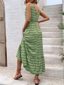 Bohemian green sleeveless maxi dress with geometric print and V-neck open back design