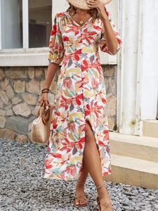 Tropical floral V-neck button dress with side slit and puff sleeves for women