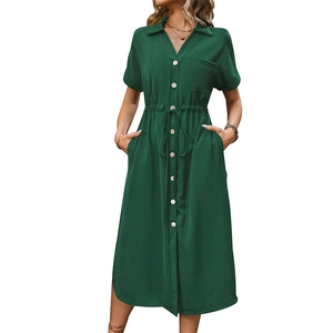 Short sleeve dark green button-down shirt dress with lapel collar and waist drawstring