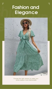 Detail of V-neckline with bow tie and ruffle sleeves on emerald floral maxi dress