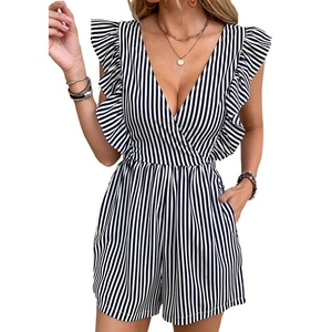 Vertical striped summer romper with deep V-neck wrap design and ruffled shoulders for women