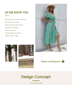 Detail of V-neck floral dress with ruffle sleeves and waist tie in a chic French style