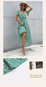 Detail view of floral green V-neck dress featuring neat stitching and quality fabric