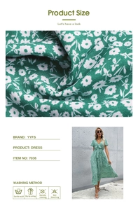 Detailed fabric texture of green floral v-neck dress and model outdoor view