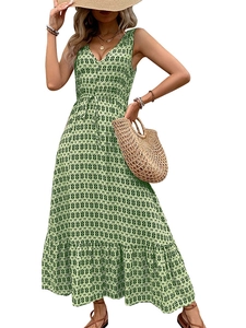 Summer sleeveless green maxi dress with geometric print and drawstring waist