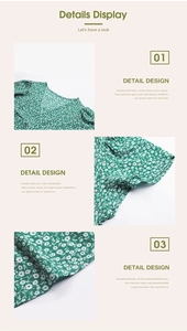 Detail view of V-neckline and high-quality stitching on green floral summer dress