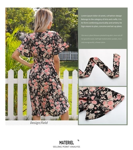 Detailed view of floral long dress showing flutter sleeves, waist belt and chiffon fabric