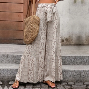 Women high waisted bohemian wide leg trousers with vintage patchwork floral prints