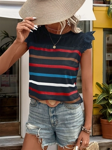 Detail of summer sleeveless striped top featuring elegant lace ruffle trim on shoulders