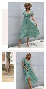Detail of green floral midi dress with V-neckline ruffle sleeves and tiered cake skirt