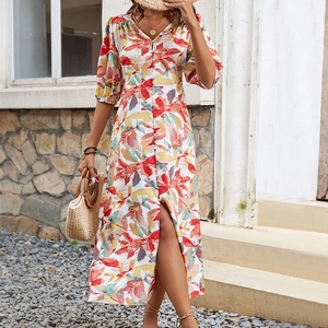Women V Neck Floral Print Maxi Dress Single Breasted Bubble Sleeve High Slit A-Line French Style Elegant Summer Long Dress