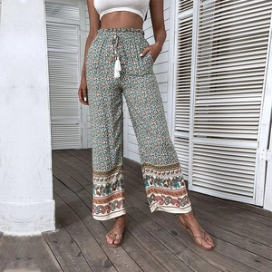 Pantalon Large Imprimé Paisley Floral Bohème Pour Femmes Taille Haute Cordon de Serrage Gland Pantalon de Vacances d'Été