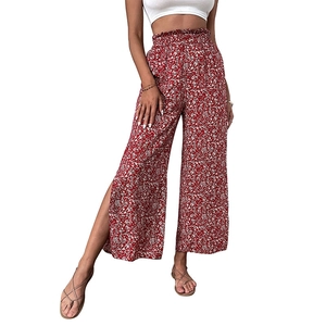 Women high waist red floral wide leg pants with side slit for summer beach wear