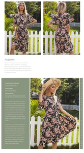 Detailed four-view collage of a floral pleated summer dress with ruffles and a waist tie