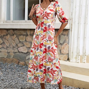 Floral print V-neck maxi dress with buttons and puff sleeves for casual summer wear