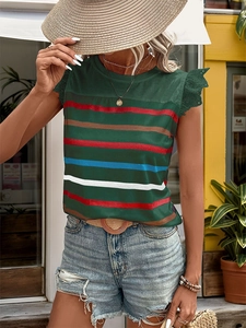 Close-up of sleeveless striped top featuring intricate lace crochet detail on armholes