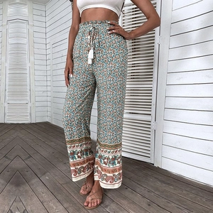 Pantalon large bohème à taille haute pour femme avec imprimé fleuri et cordon