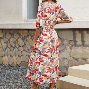 Vintage floral V-neck midi dress with puff sleeves and waist tie detail for women
