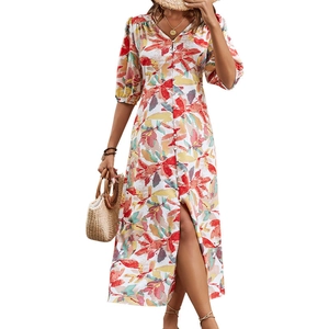 Summer V-neck floral print A-line dress with buttons and middle lantern sleeves