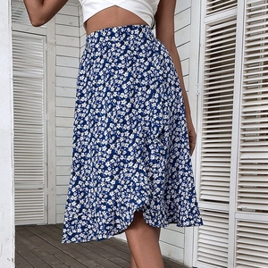 Women High Waist Floral Print Midi Skirt Elegant Ruffle Hem A-Line Polyester Long Skirt For Vacation Casual Everyday