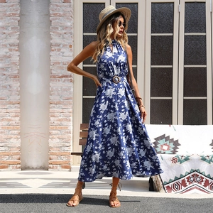 Robe Maxi pour Femmes Dos Nu Imprimé Floral Sans Manches Ajouré Vacances Boho Coupe en A Avec Ceinture Robe d'Été