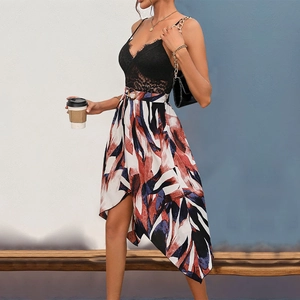 Women's V-neck lace dress with asymmetrical printed skirt and belted waist stylish look