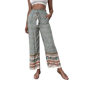 Pantalon bohème à jambes larges pour femmes avec imprimé floral et cordon à pompons élégant