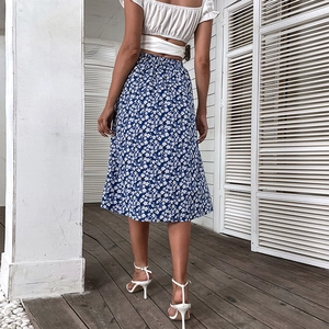 High waist floral midi skirt in dark blue with white patterns and ruffle detail