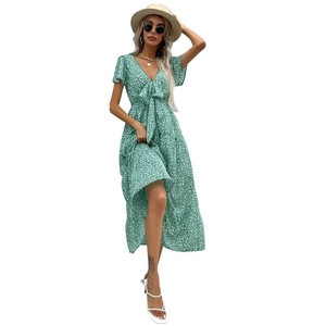 Summer green floral V-neck A-line dress with ruffle sleeves and bow tie detailing