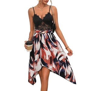 Women's V-neck lace camisole and irregular printed skirt two-piece summer fashion set