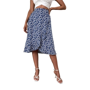 High waist floral midi skirt with ruffle hem in navy blue and white summer style