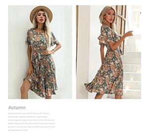 Floral crewneck pleated midi dress with ruffle sleeves and waist tie detail in autumn style