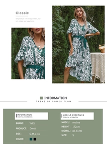 Detail view of V-neck floral dress with green leaf print, drawstring waist and ruffle sleeves