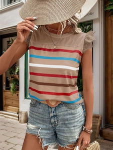 Detail of summer striped top featuring hollow lace flutter sleeves and round neck design